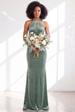 Black Halter Neck Velvet Mermaid Ruched Backless Long Bridesmaid Dress
