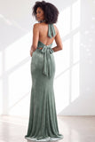 Black Halter Neck Velvet Mermaid Ruched Backless Long Bridesmaid Dress