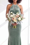 Black Halter Neck Velvet Mermaid Ruched Backless Long Bridesmaid Dress