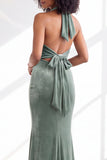 Black Halter Neck Velvet Mermaid Ruched Backless Long Bridesmaid Dress