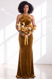 Black Halter Neck Velvet Mermaid Ruched Backless Long Bridesmaid Dress