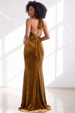 Black Halter Neck Velvet Mermaid Ruched Backless Long Bridesmaid Dress