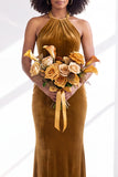 Black Halter Neck Velvet Mermaid Ruched Backless Long Bridesmaid Dress
