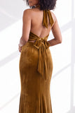 Black Halter Neck Velvet Mermaid Ruched Backless Long Bridesmaid Dress