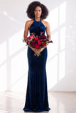 Black Halter Neck Velvet Mermaid Ruched Backless Long Bridesmaid Dress