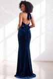 Black Halter Neck Velvet Mermaid Ruched Backless Long Bridesmaid Dress