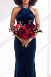 Black Halter Neck Velvet Mermaid Ruched Backless Long Bridesmaid Dress