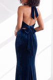 Black Halter Neck Velvet Mermaid Ruched Backless Long Bridesmaid Dress