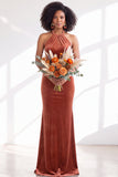 Black Halter Neck Velvet Mermaid Ruched Backless Long Bridesmaid Dress