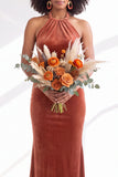 Black Halter Neck Velvet Mermaid Ruched Backless Long Bridesmaid Dress