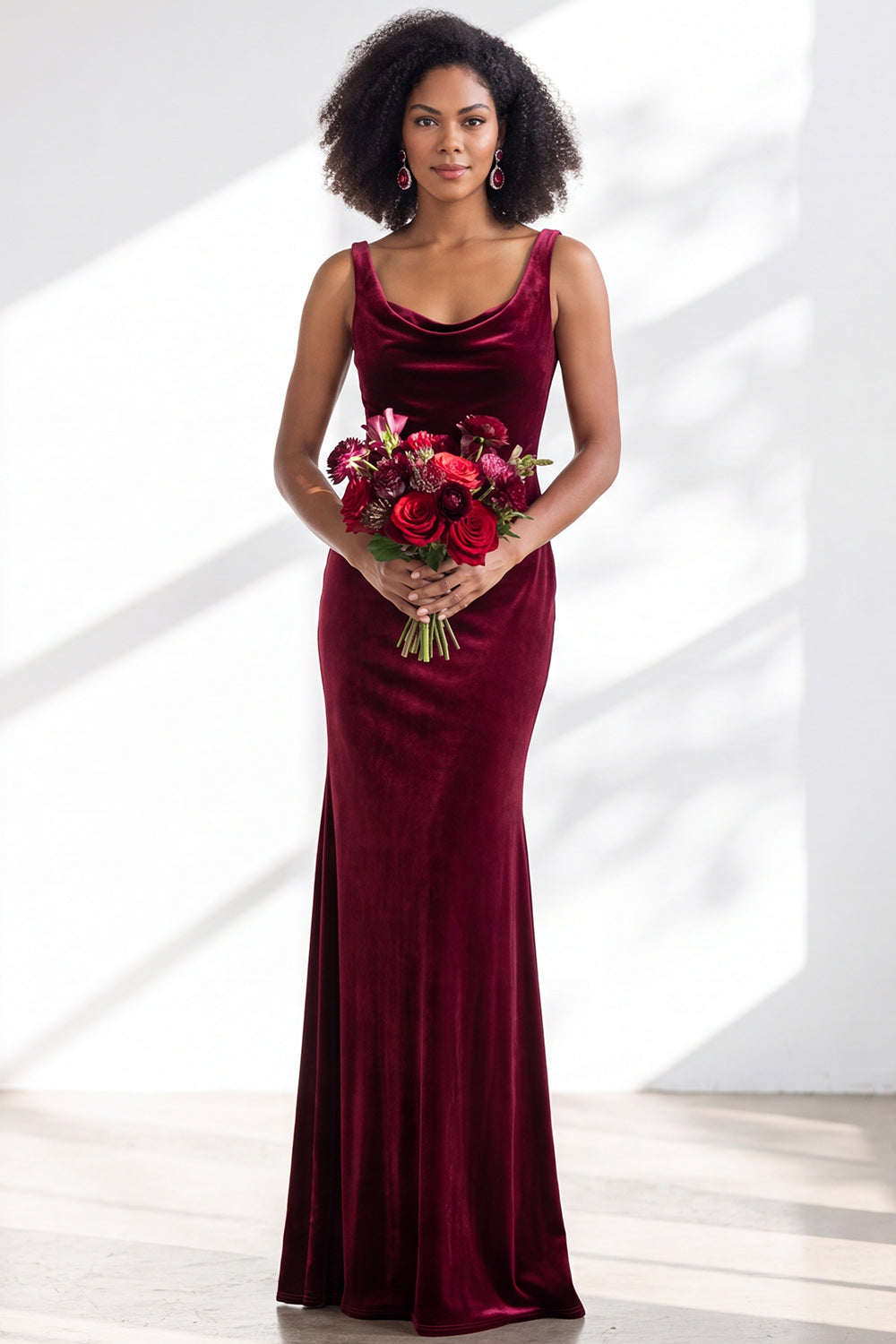 ZAPAKA Women Cowl Neck Velvet Burgundy Bridesmaid Dress Mermaid Long Wide Straps Formal Dress, Burgundy / US2