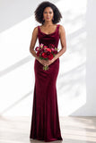 Burgundy Cowl Neck Velvet Open Back Mermaid Long Bridesmaid Dress