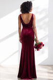 Burgundy Cowl Neck Velvet Open Back Mermaid Long Bridesmaid Dress