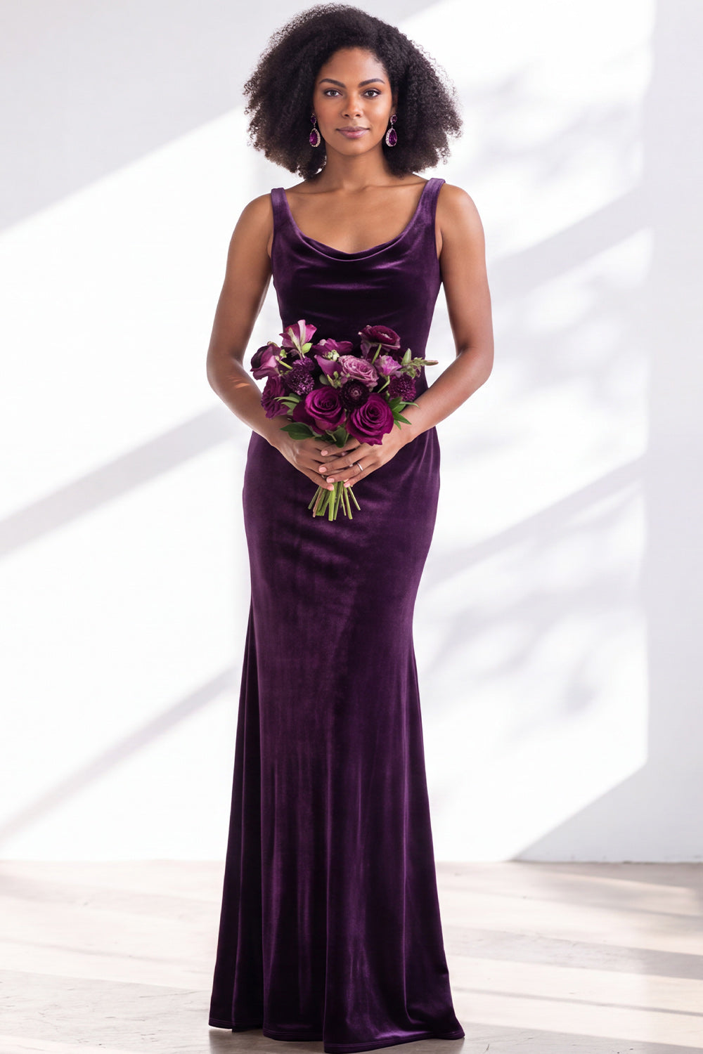 ZAPAKA Women Cowl Neck Velvet Burgundy Bridesmaid Dress Mermaid Long Wide Straps Formal Dress, Dark Purple / US24W