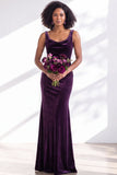 Burgundy Cowl Neck Velvet Open Back Mermaid Long Bridesmaid Dress