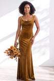 Burgundy Cowl Neck Velvet Open Back Mermaid Long Bridesmaid Dress