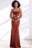 Burgundy Cowl Neck Velvet Open Back Mermaid Long Bridesmaid Dress