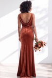 Burgundy Cowl Neck Velvet Open Back Mermaid Long Bridesmaid Dress