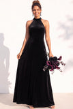 A-Line Velvet Halter Neck Backless Long Bridesmaid Dress