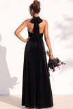A-Line Velvet Halter Neck Backless Long Bridesmaid Dress
