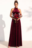 A-Line Velvet Halter Neck Backless Long Bridesmaid Dress
