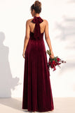 A-Line Velvet Halter Neck Backless Long Bridesmaid Dress