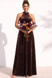 A-Line Velvet Halter Neck Backless Long Bridesmaid Dress