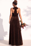 A-Line Velvet Halter Neck Backless Long Bridesmaid Dress