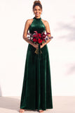 A-Line Velvet Halter Neck Backless Long Bridesmaid Dress