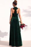 A-Line Velvet Halter Neck Backless Long Bridesmaid Dress