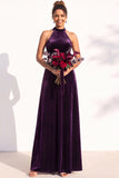 A-Line Velvet Halter Neck Backless Long Bridesmaid Dress