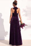 A-Line Velvet Halter Neck Backless Long Bridesmaid Dress