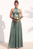 A-Line Velvet Halter Neck Backless Long Bridesmaid Dress
