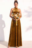 A-Line Velvet Halter Neck Backless Long Bridesmaid Dress