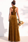 A-Line Velvet Halter Neck Backless Long Bridesmaid Dress