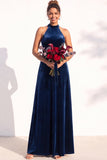 A-Line Velvet Halter Neck Backless Long Bridesmaid Dress