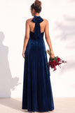A-Line Velvet Halter Neck Backless Long Bridesmaid Dress