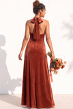 A-Line Velvet Halter Neck Backless Long Bridesmaid Dress