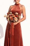 A-Line Velvet Halter Neck Backless Long Bridesmaid Dress