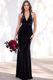 Burgundy Velvet Mermaid Halter Neck Backless Long Bridesmaid Dress