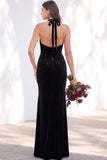 Burgundy Velvet Mermaid Halter Neck Backless Long Bridesmaid Dress