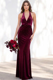 Burgundy Velvet Mermaid Halter Neck Backless Long Bridesmaid Dress