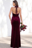 Burgundy Velvet Mermaid Halter Neck Backless Long Bridesmaid Dress