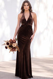 Burgundy Velvet Mermaid Halter Neck Backless Long Bridesmaid Dress