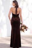Burgundy Velvet Mermaid Halter Neck Backless Long Bridesmaid Dress