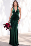 Burgundy Velvet Mermaid Halter Neck Backless Long Bridesmaid Dress