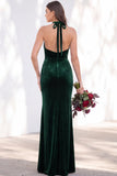 Burgundy Velvet Mermaid Halter Neck Backless Long Bridesmaid Dress
