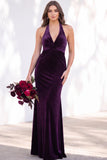 Burgundy Velvet Mermaid Halter Neck Backless Long Bridesmaid Dress