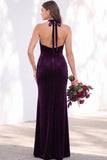 Burgundy Velvet Mermaid Halter Neck Backless Long Bridesmaid Dress