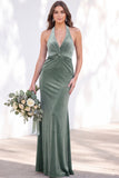 Burgundy Velvet Mermaid Halter Neck Backless Long Bridesmaid Dress